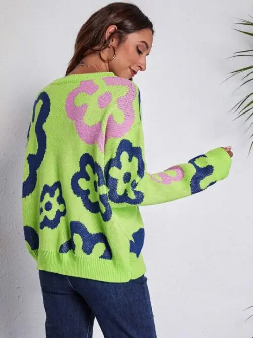 Flower Jacquard Off-Shoulder Knitted Sweater