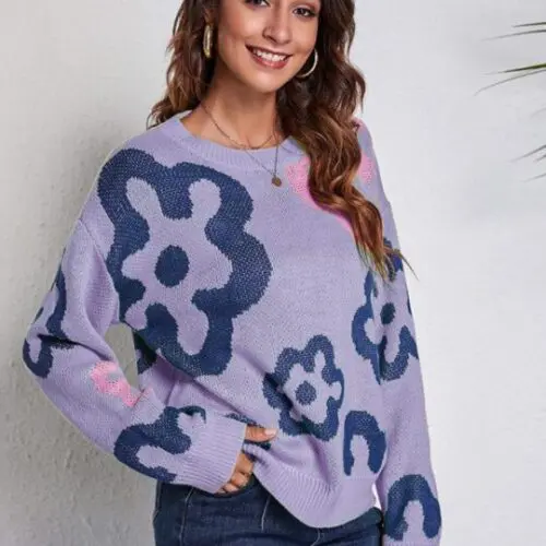 Flower Jacquard Off-Shoulder Knitted Sweater