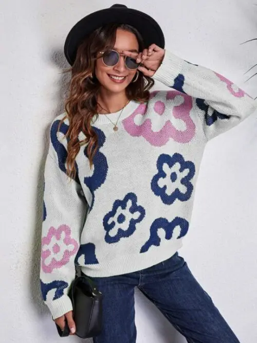 Flower Jacquard Off-Shoulder Knitted Sweater