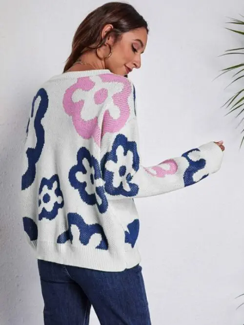 Flower Jacquard Off-Shoulder Knitted Sweater