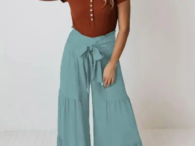 Lace-Up Pleated Wide-Leg Pants with Elastic Waist