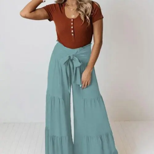Lace-Up Pleated Wide-Leg Pants with Elastic Waist