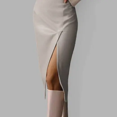 Trendy High Waist PU Leather Skirt with Stylish Slit