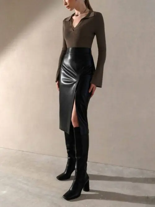 Trendy High Waist PU Leather Skirt with Stylish Slit