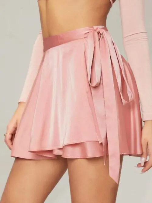 Solid Color Satin Wrap Mini Skirt
