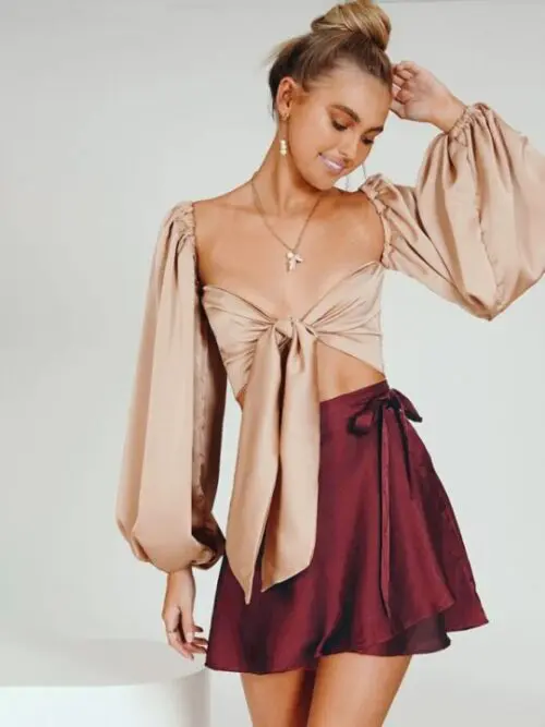 Solid Color Satin Wrap Mini Skirt