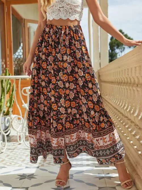 Bohemian Long Skirt Ethnic Print Elastic High Waist Tie Button Slit