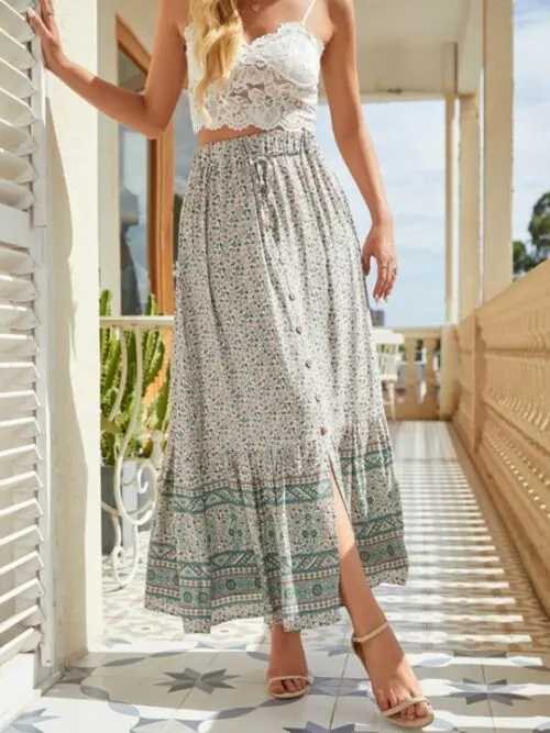 Bohemian Long Skirt Ethnic Print Elastic High Waist Tie Button Slit