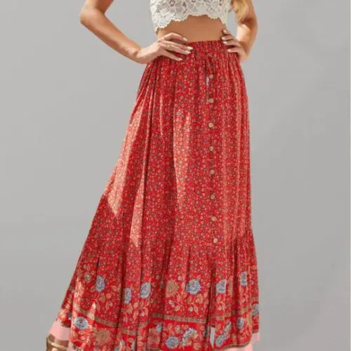 Bohemian Long Skirt Ethnic Print Elastic High Waist Tie Button Slit