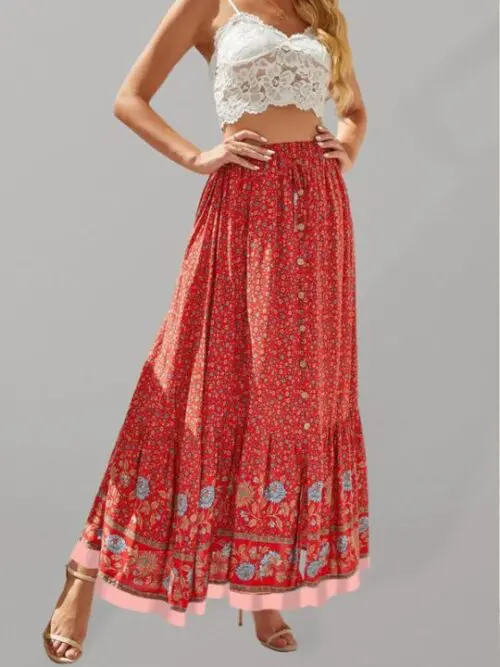 Bohemian Long Skirt Ethnic Print Elastic High Waist Tie Button Slit