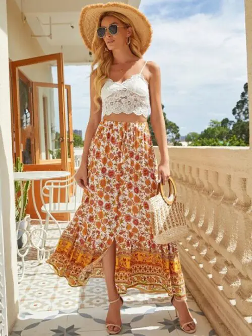 Bohemian Long Skirt Ethnic Print Elastic High Waist Tie Button Slit
