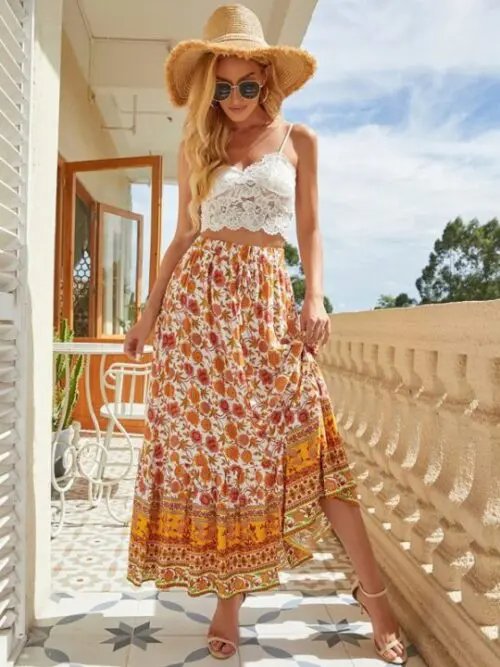 Bohemian Long Skirt Ethnic Print Elastic High Waist Tie Button Slit