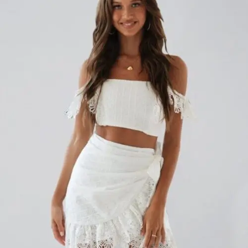 Solid Color Lace Off-shoulder Top And Raffle Skirt Match Set