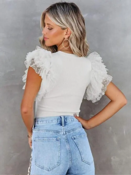 Stylish Top with Ruffle Sleeves – Knitted See-Through Mesh Stitching
