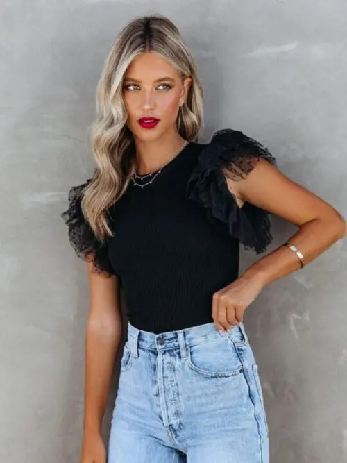 Stylish Top with Ruffle Sleeves – Knitted See-Through Mesh Stitching