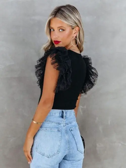 Stylish Top with Ruffle Sleeves – Knitted See-Through Mesh Stitching