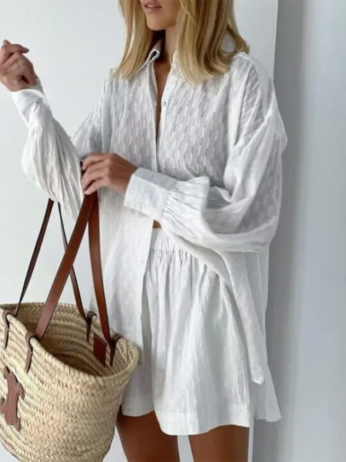 Sophisticated Jacquard Set / Puff Sleeve Top and Casual Shorts