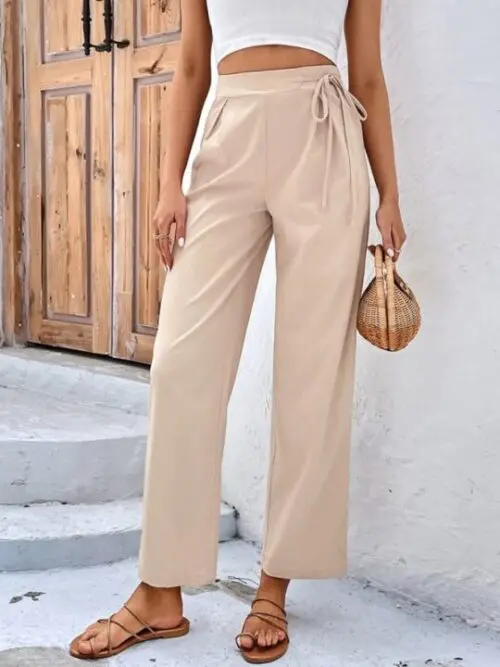 Chic Elegance High-Waisted Solid-Color Tie-Up Straight-Leg Pants