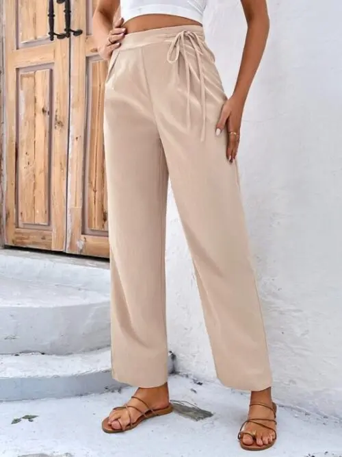Chic Elegance High-Waisted Solid-Color Tie-Up Straight-Leg Pants