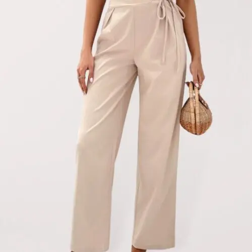 Chic Elegance High-Waisted Solid-Color Tie-Up Straight-Leg Pants