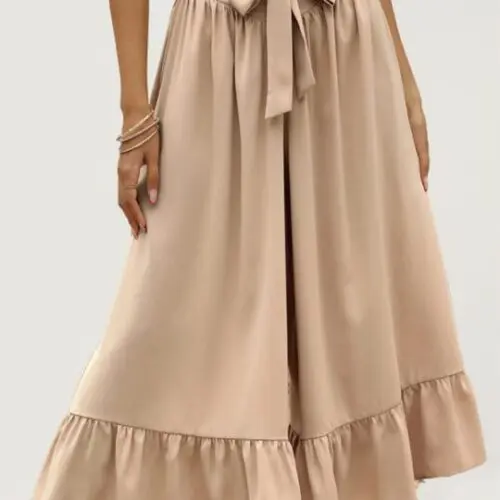 Solid Color Long Cult Pants with Stylish Ruffle Belt