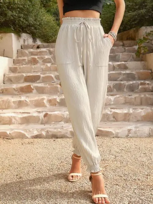 Woven Solid Color Casual High Waisted Pants