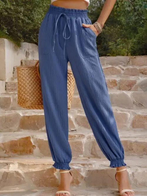 Woven Solid Color Casual High Waisted Pants