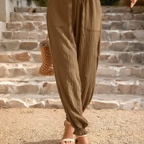 Woven Solid Color Casual High Waisted Pants
