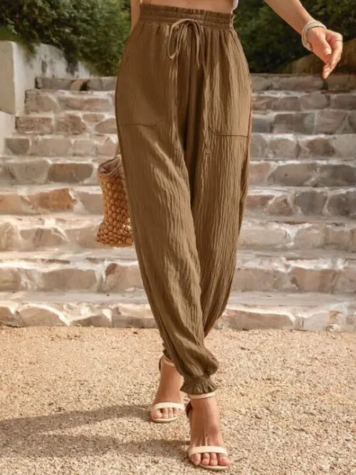 Woven Solid Color Casual High Waisted Pants