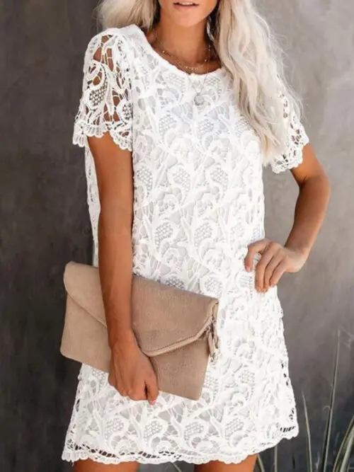 Elegant Round Neck Hollow Lace Midi Dress with a Casual Twist