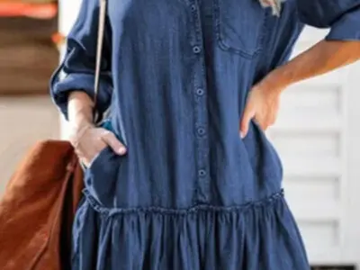 V-Neck Stitched Loose-Breasted Denim Midi Skirt