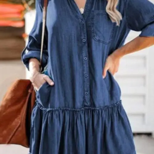 V-Neck Stitched Loose-Breasted Denim Midi Skirt