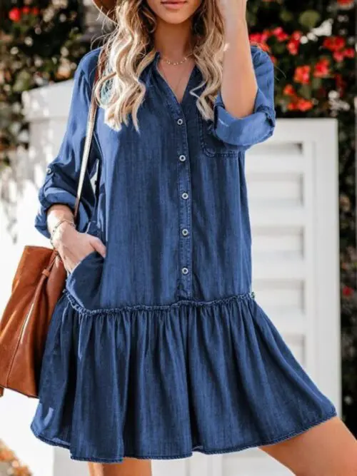 V-Neck Stitched Loose-Breasted Denim Midi Skirt