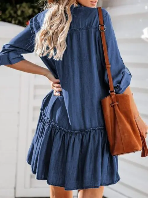 V-Neck Stitched Loose-Breasted Denim Midi Skirt