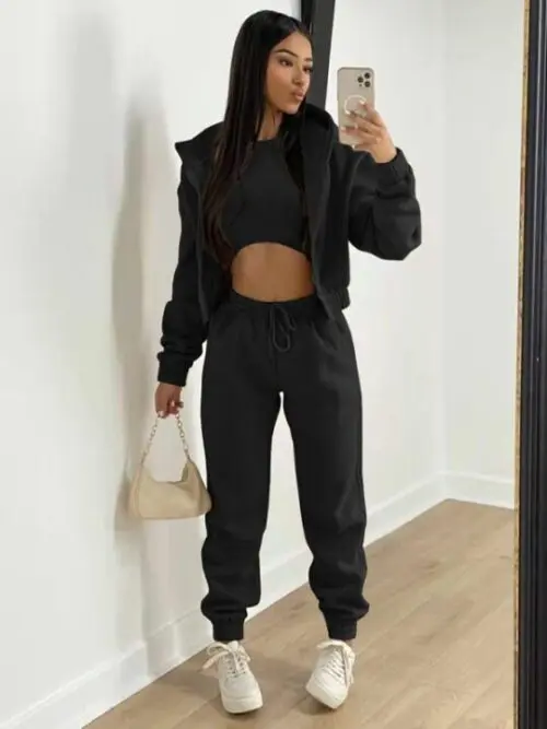 Knitted Casual Sports Fleece Hooded Three-piece Suit