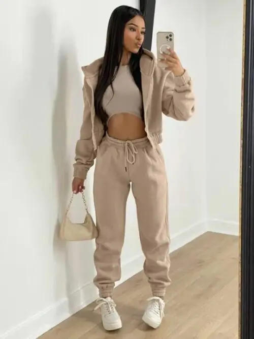 Knitted Casual Sports Fleece Hooded Three-piece Suit