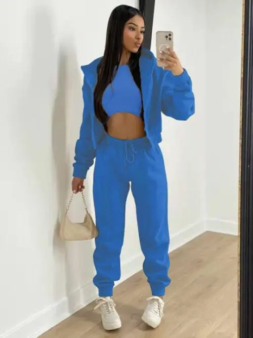 Knitted Casual Sports Fleece Hooded Three-piece Suit