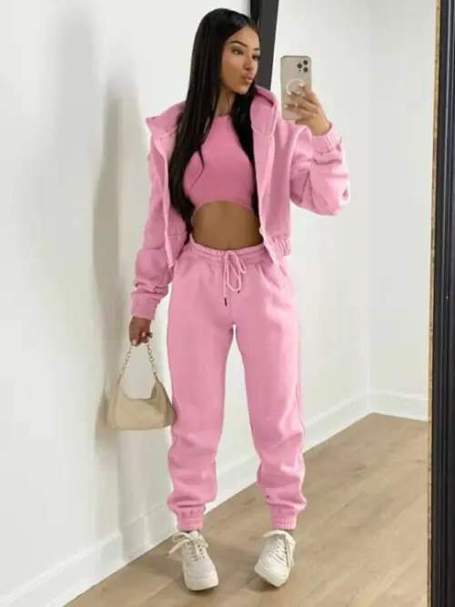 Knitted Casual Sports Fleece Hooded Three-piece Suit