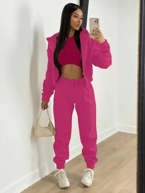 Knitted Casual Sports Fleece Hooded Three-piece Suit