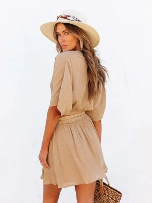 Elegant Cross Open Back Suit / V-Neck Jacket and Slit Short Skirt