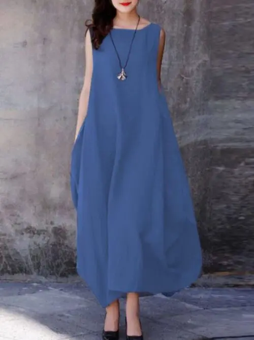 Swing into Casual Comfort | Loose Round Neck Dress with Pockets