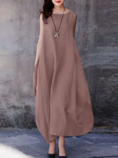 Swing into Casual Comfort | Loose Round Neck Dress with Pockets