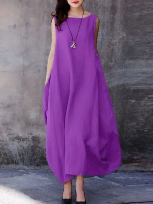 Swing into Casual Comfort | Loose Round Neck Dress with Pockets