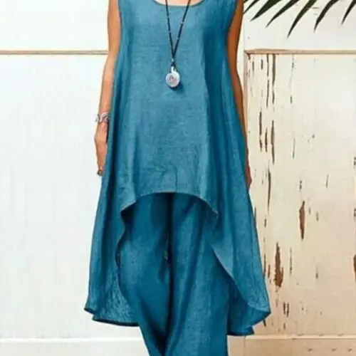 Effortless Elegance / Cotton Linen Sleeveless Top and Irregular Wide-Leg Pants Set