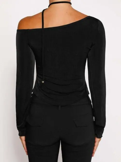 Slanted Shoulder Waist Slit Long Sleeve Slim Hot Girl T-shirt