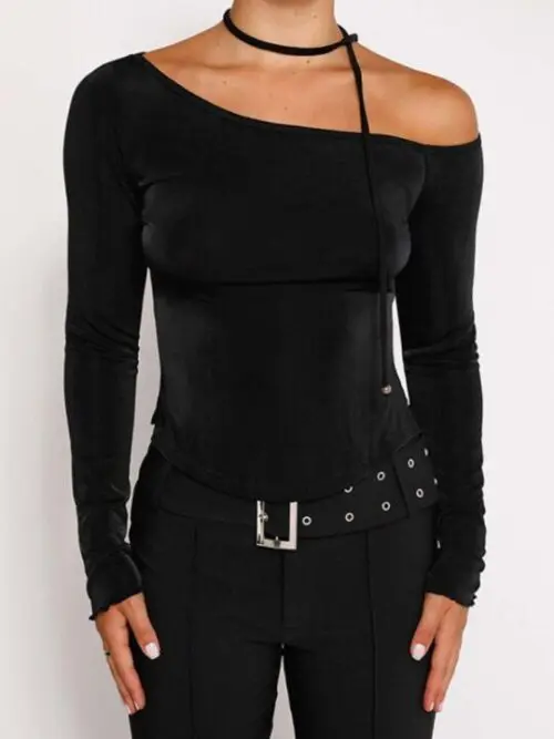 Slanted Shoulder Waist Slit Long Sleeve Slim Hot Girl T-shirt