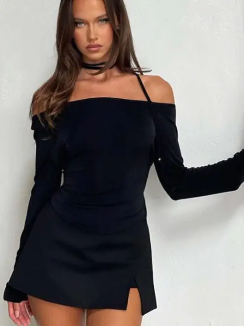Slanted Shoulder Waist Slit Long Sleeve Slim Hot Girl T-shirt