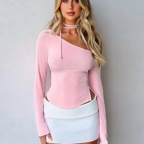 Slanted Shoulder Waist Slit Long Sleeve Slim Hot Girl T-shirt