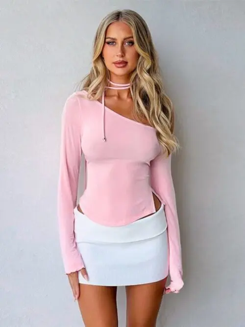 Slanted Shoulder Waist Slit Long Sleeve Slim Hot Girl T-shirt