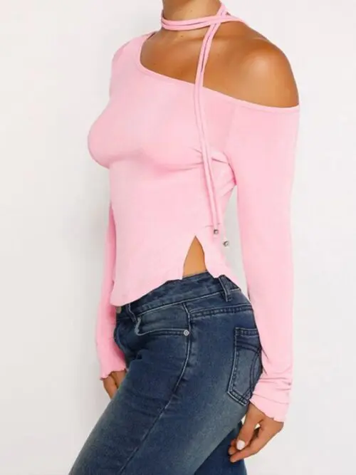 Slanted Shoulder Waist Slit Long Sleeve Slim Hot Girl T-shirt